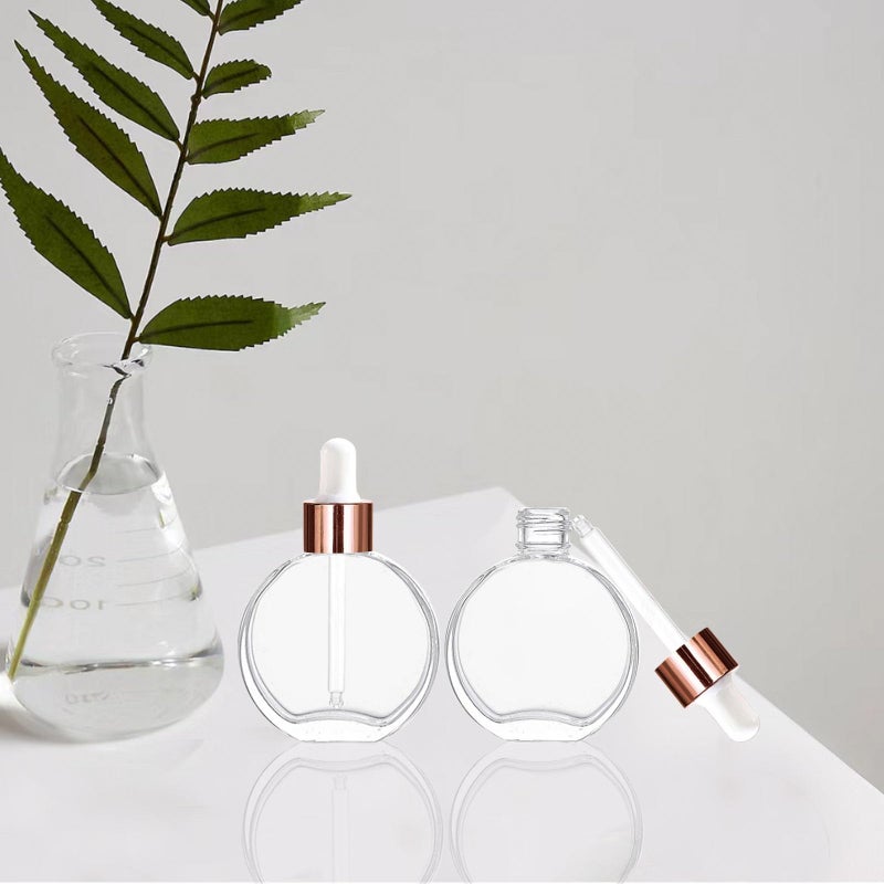 PYAWI 6Pcs 2 oz Glass Dropper Bottles for Essential Oils 60ml Clear flat round perfume bottle with Droppers for Oils  Perfumes  Serums Leakproof for Travel (Clear/Rose Gold) - Image 5